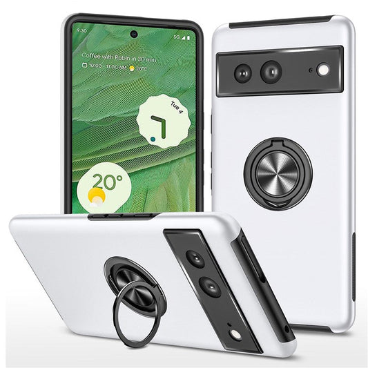 For Google Pixel 7 5G Ring Kickstand Armor Phone Case Hard PC Soft TPU Bumper Shockproof Protective Cover - Silver