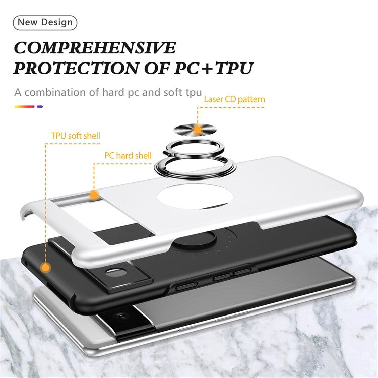 For Google Pixel 7 5G Ring Kickstand Armor Phone Case Hard PC Soft TPU Bumper Shockproof Protective Cover - Silver