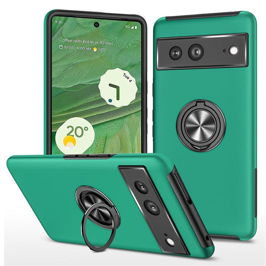 For Google Pixel 7 5G Ring Kickstand Armor Phone Case Hard PC Soft TPU Bumper Shockproof Protective Cover - Blackish Green