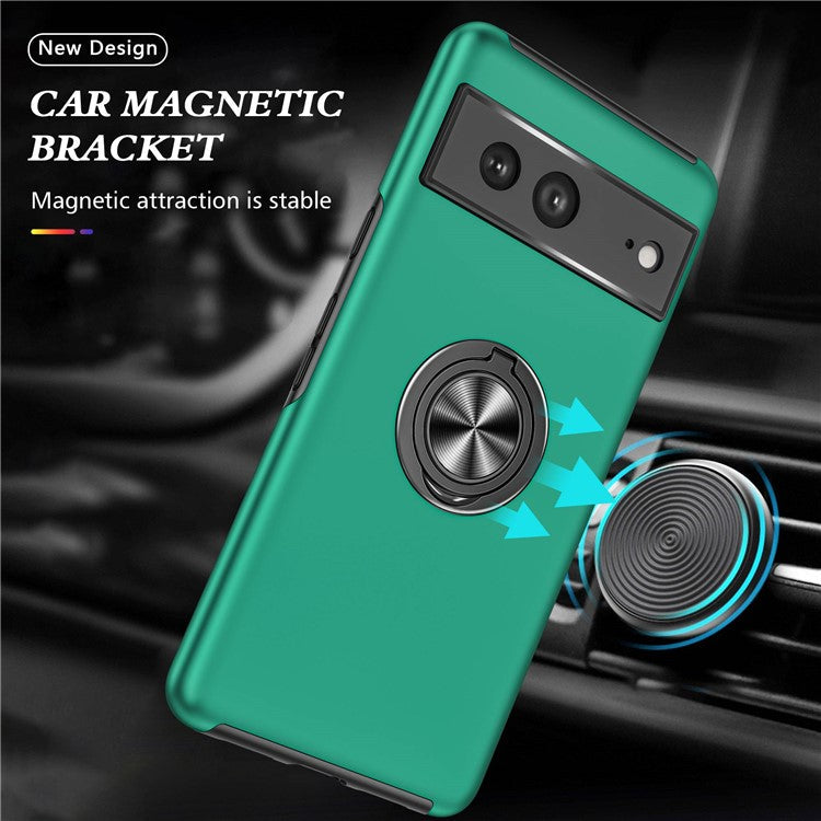 For Google Pixel 7 5G Ring Kickstand Armor Phone Case Hard PC Soft TPU Bumper Shockproof Protective Cover - Blackish Green