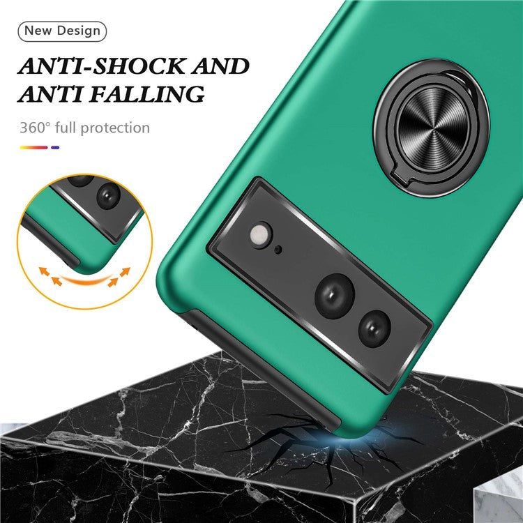 For Google Pixel 7 5G Ring Kickstand Armor Phone Case Hard PC Soft TPU Bumper Shockproof Protective Cover - Blackish Green