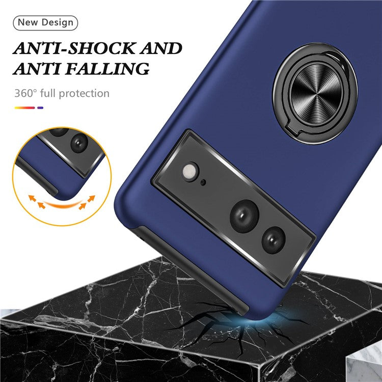 For Google Pixel 7 5G Ring Kickstand Armor Phone Case Hard PC Soft TPU Bumper Shockproof Protective Cover - Blue