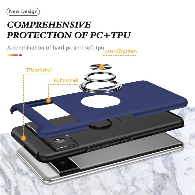 For Google Pixel 7 5G Ring Kickstand Armor Phone Case Hard PC Soft TPU Bumper Shockproof Protective Cover - Blue