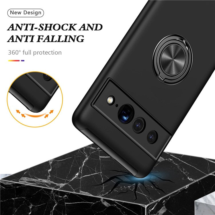 For Google Pixel 7 Pro 5G Anti-fall Kickstand Phone Cover Hard PC Soft TPU Hybrid Protection Back Cover, Support Magnetic Car Mount - Black