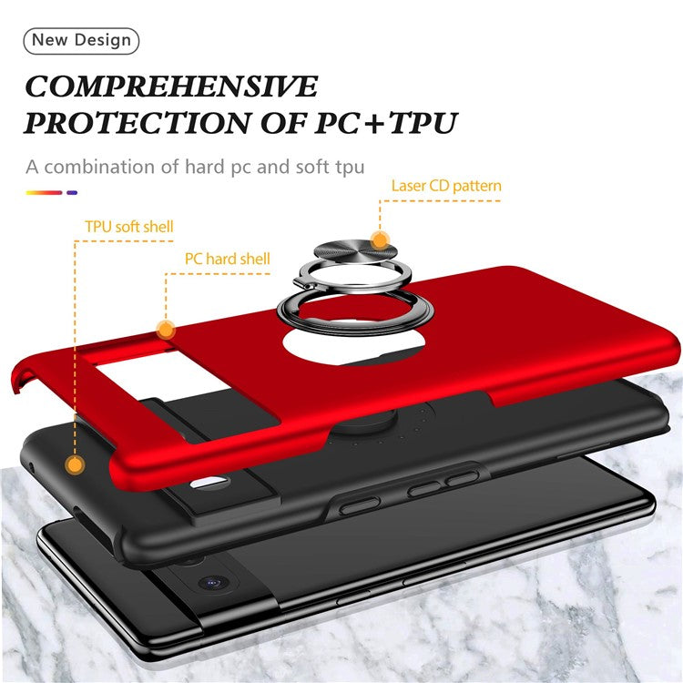 For Google Pixel 7 Pro 5G Anti-fall Kickstand Phone Cover Hard PC Soft TPU Hybrid Protection Back Cover, Support Magnetic Car Mount - Red