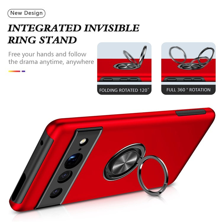 For Google Pixel 7 Pro 5G Anti-fall Kickstand Phone Cover Hard PC Soft TPU Hybrid Protection Back Cover, Support Magnetic Car Mount - Red