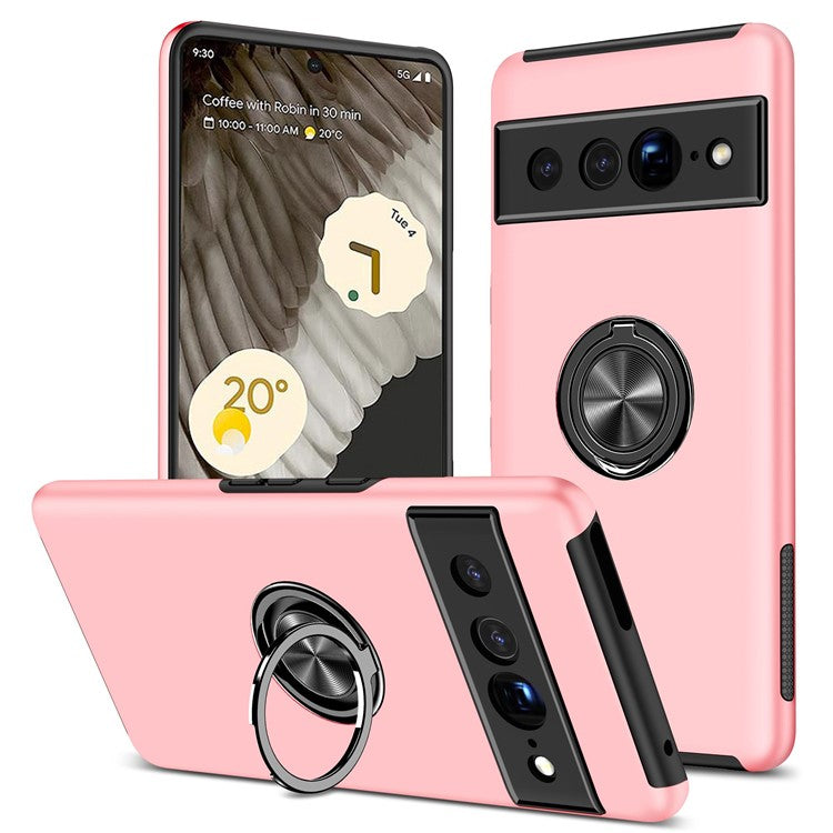 For Google Pixel 7 Pro 5G Anti-fall Kickstand Phone Cover Hard PC Soft TPU Hybrid Protection Back Cover, Support Magnetic Car Mount - Rose Gold
