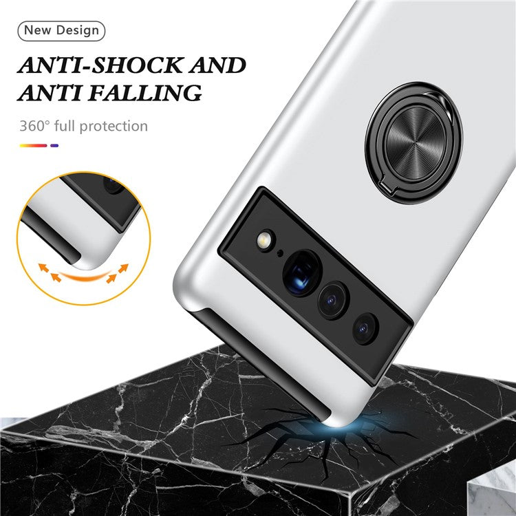 For Google Pixel 7 Pro 5G Anti-fall Kickstand Phone Cover Hard PC Soft TPU Hybrid Protection Back Cover, Support Magnetic Car Mount - Silver