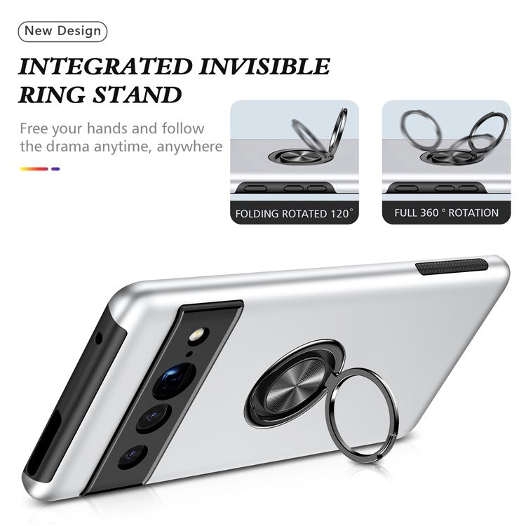 For Google Pixel 7 Pro 5G Anti-fall Kickstand Phone Cover Hard PC Soft TPU Hybrid Protection Back Cover, Support Magnetic Car Mount - Silver