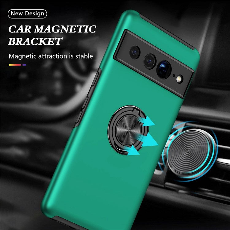 For Google Pixel 7 Pro 5G Anti-fall Kickstand Phone Cover Hard PC Soft TPU Hybrid Protection Back Cover, Support Magnetic Car Mount - Blackish Green
