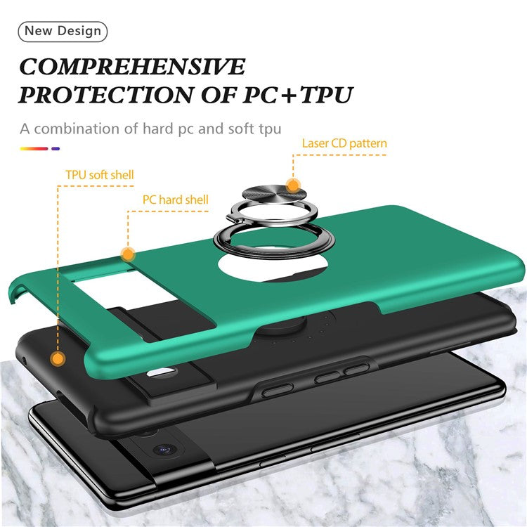 For Google Pixel 7 Pro 5G Anti-fall Kickstand Phone Cover Hard PC Soft TPU Hybrid Protection Back Cover, Support Magnetic Car Mount - Blackish Green