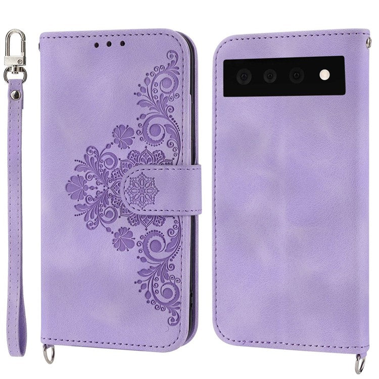 For Google Pixel 7 Pro 5G Imprinted Flowers PU Leather Stand Multiple Card Slots Case Skin-touch Phone Cover with Wrist Strap and Shoulder Strap - Light Purple