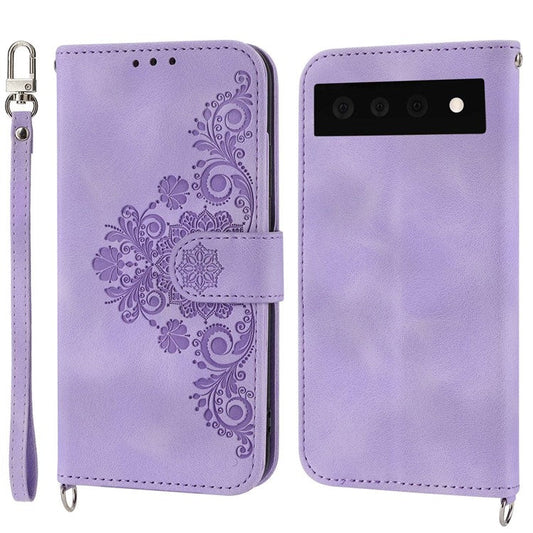 For Google Pixel 7 Pro 5G Imprinted Flowers PU Leather Stand Multiple Card Slots Case Skin-touch Phone Cover with Wrist Strap and Shoulder Strap - Light Purple
