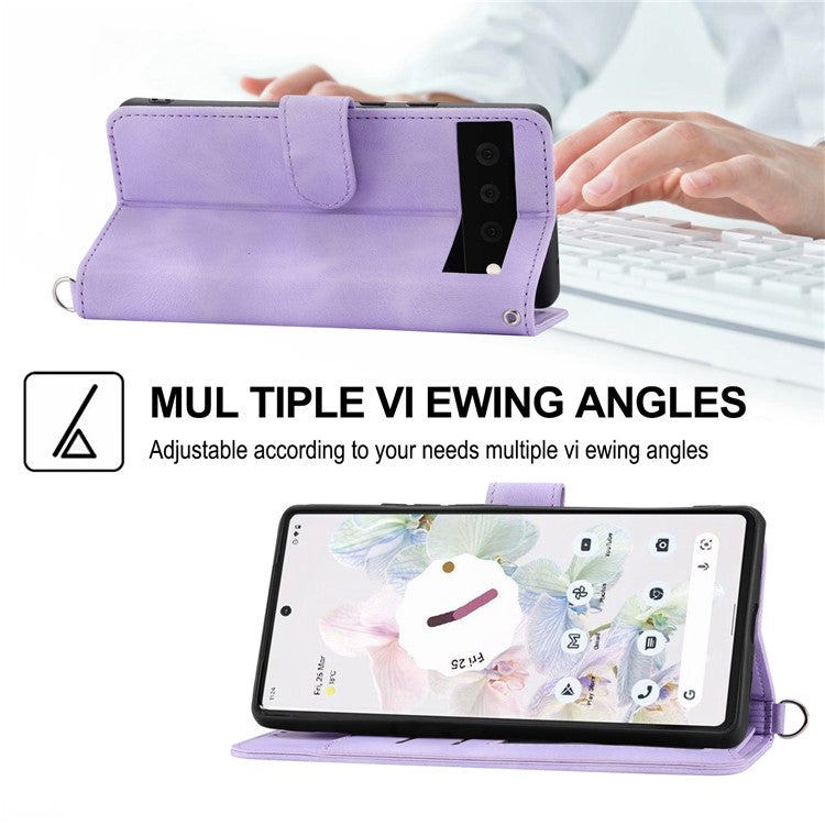 For Google Pixel 7 Pro 5G Imprinted Flowers PU Leather Stand Multiple Card Slots Case Skin-touch Phone Cover with Wrist Strap and Shoulder Strap - Light Purple