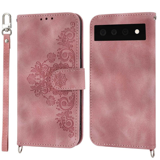 For Google Pixel 7 Pro 5G Imprinted Flowers PU Leather Stand Multiple Card Slots Case Skin-touch Phone Cover with Wrist Strap and Shoulder Strap - Pink