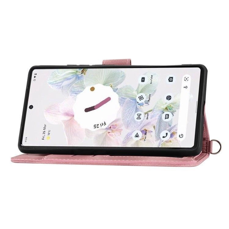For Google Pixel 7 Pro 5G Imprinted Flowers PU Leather Stand Multiple Card Slots Case Skin-touch Phone Cover with Wrist Strap and Shoulder Strap - Pink