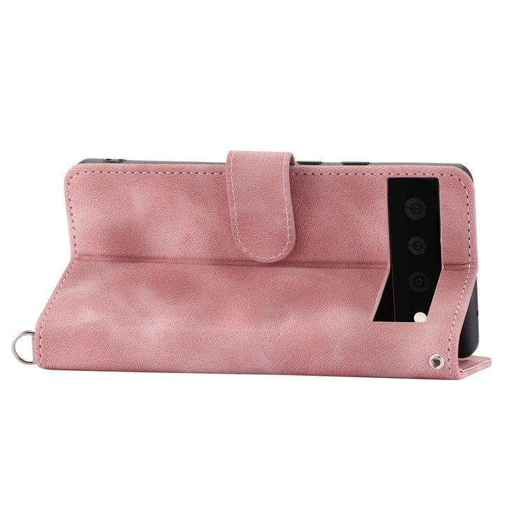 For Google Pixel 7 Pro 5G Imprinted Flowers PU Leather Stand Multiple Card Slots Case Skin-touch Phone Cover with Wrist Strap and Shoulder Strap - Pink