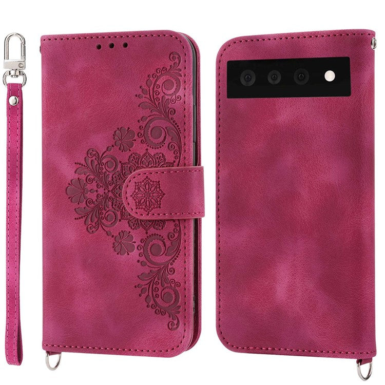 For Google Pixel 7 Pro 5G Imprinted Flowers PU Leather Stand Multiple Card Slots Case Skin-touch Phone Cover with Wrist Strap and Shoulder Strap - Wine Red