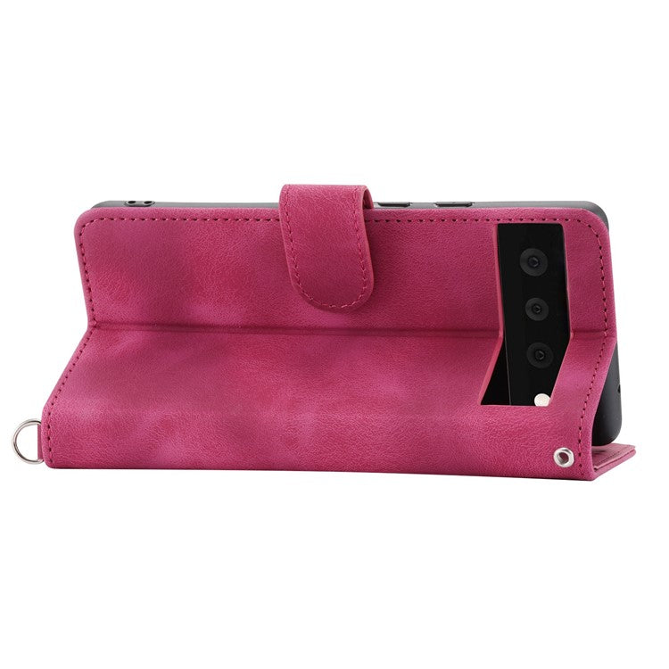 For Google Pixel 7 Pro 5G Imprinted Flowers PU Leather Stand Multiple Card Slots Case Skin-touch Phone Cover with Wrist Strap and Shoulder Strap - Wine Red
