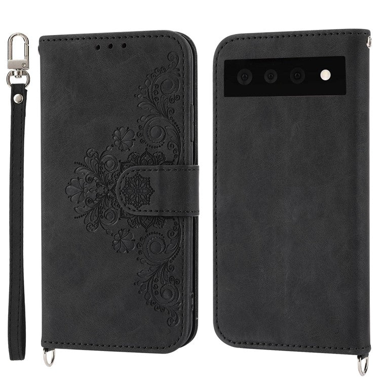 For Google Pixel 7 Pro 5G Imprinted Flowers PU Leather Stand Multiple Card Slots Case Skin-touch Phone Cover with Wrist Strap and Shoulder Strap - Black
