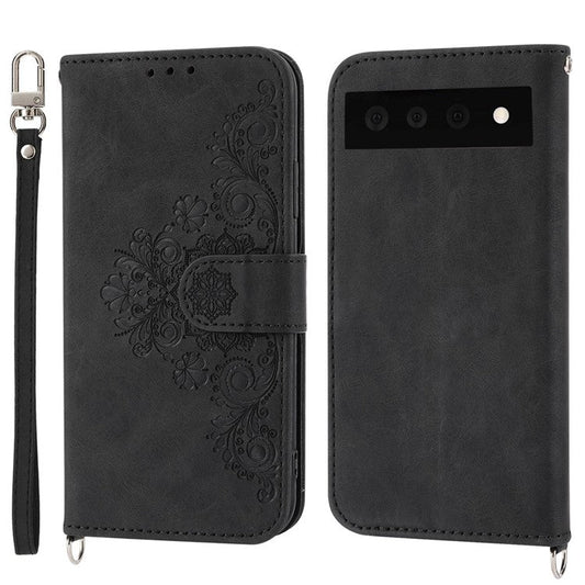 For Google Pixel 7 Pro 5G Imprinted Flowers PU Leather Stand Multiple Card Slots Case Skin-touch Phone Cover with Wrist Strap and Shoulder Strap - Black