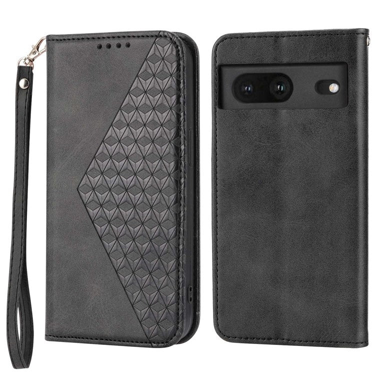For Google Pixel 7 5G Rhombus Pattern Imprinted Calf Texture PU Leather Stand Case Magnetic Auto Closing Wallet Phone Cover with Strap - Black