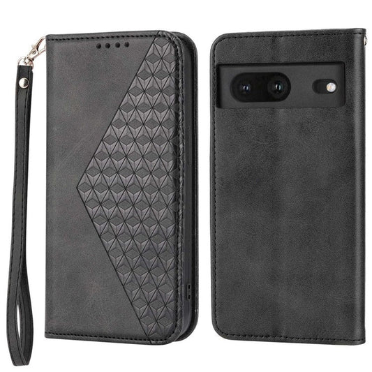 For Google Pixel 7 5G Rhombus Pattern Imprinted Calf Texture PU Leather Stand Case Magnetic Auto Closing Wallet Phone Cover with Strap - Black