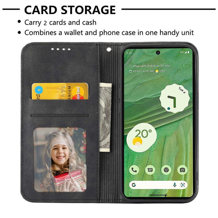 For Google Pixel 7 5G Rhombus Pattern Imprinted Calf Texture PU Leather Stand Case Magnetic Auto Closing Wallet Phone Cover with Strap - Black