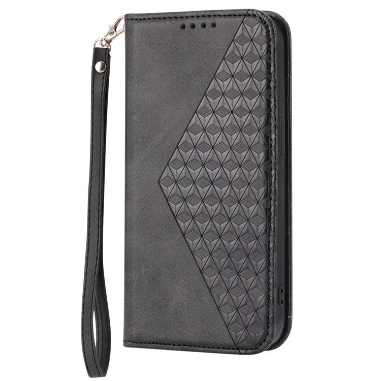 For Google Pixel 7 5G Rhombus Pattern Imprinted Calf Texture PU Leather Stand Case Magnetic Auto Closing Wallet Phone Cover with Strap - Black