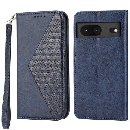 For Google Pixel 7 5G Rhombus Pattern Imprinted Calf Texture PU Leather Stand Case Magnetic Auto Closing Wallet Phone Cover with Strap - Blue