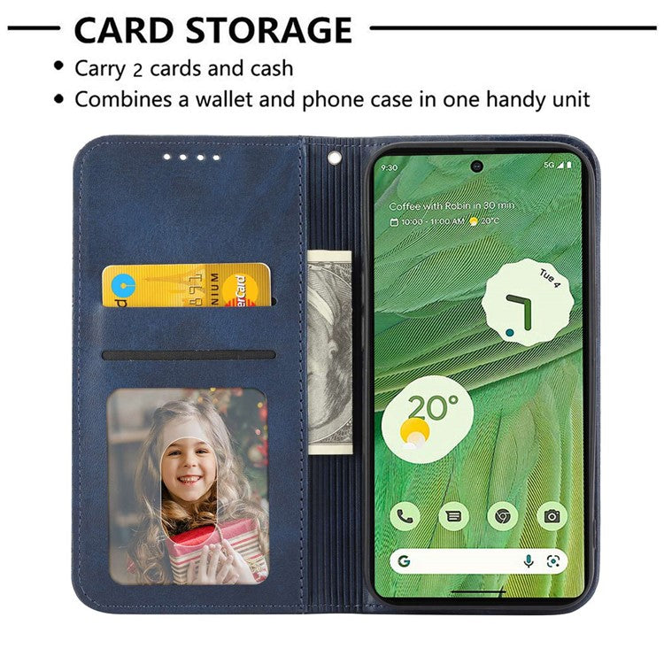 For Google Pixel 7 5G Rhombus Pattern Imprinted Calf Texture PU Leather Stand Case Magnetic Auto Closing Wallet Phone Cover with Strap - Blue