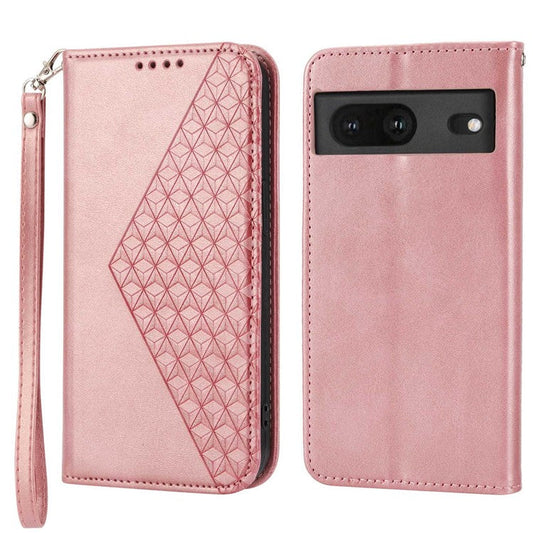 For Google Pixel 7 5G Rhombus Pattern Imprinted Calf Texture PU Leather Stand Case Magnetic Auto Closing Wallet Phone Cover with Strap - Rose Gold