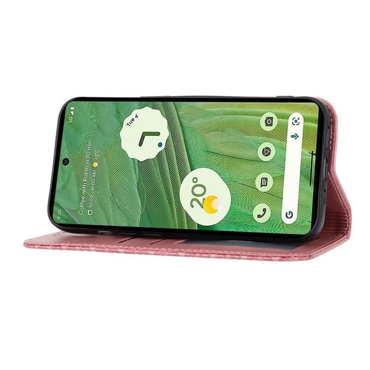 For Google Pixel 7 5G Rhombus Pattern Imprinted Calf Texture PU Leather Stand Case Magnetic Auto Closing Wallet Phone Cover with Strap - Rose Gold