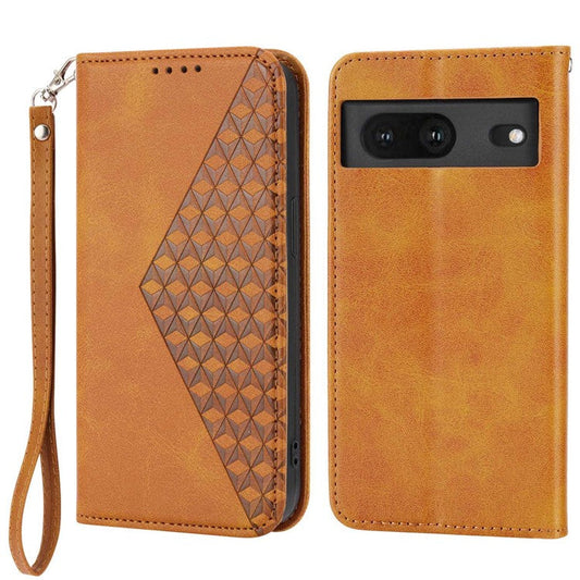 For Google Pixel 7 5G Rhombus Pattern Imprinted Calf Texture PU Leather Stand Case Magnetic Auto Closing Wallet Phone Cover with Strap - Yellow