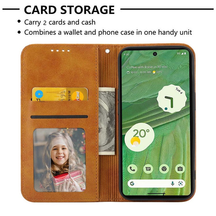 For Google Pixel 7 5G Rhombus Pattern Imprinted Calf Texture PU Leather Stand Case Magnetic Auto Closing Wallet Phone Cover with Strap - Yellow