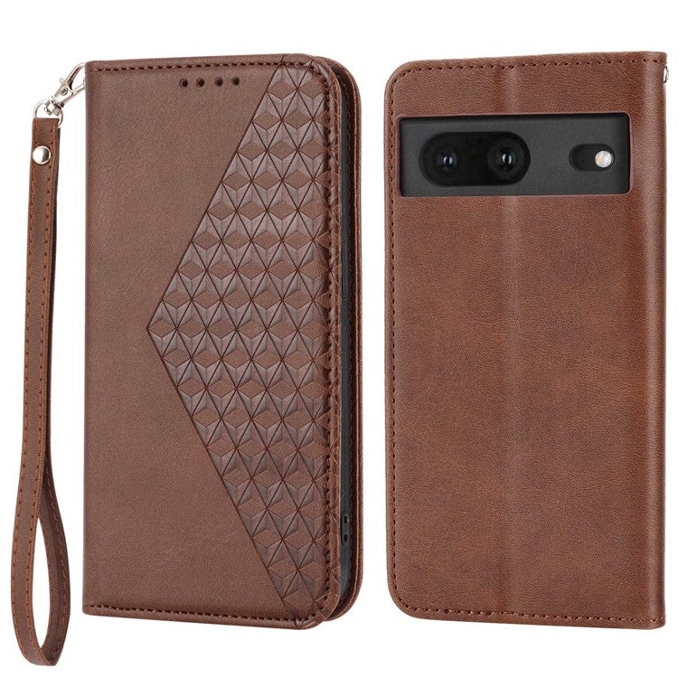 For Google Pixel 7 5G Rhombus Pattern Imprinted Calf Texture PU Leather Stand Case Magnetic Auto Closing Wallet Phone Cover with Strap - Brown