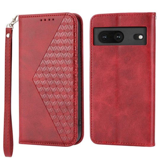 For Google Pixel 7 5G Rhombus Pattern Imprinted Calf Texture PU Leather Stand Case Magnetic Auto Closing Wallet Phone Cover with Strap - Red
