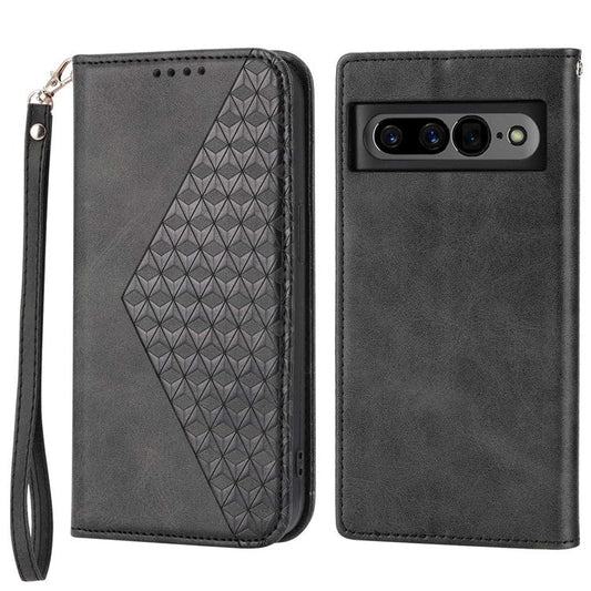 For Google Pixel 7 Pro 5G Rhombus Pattern Imprinted Stand Wallet Phone Case Calf Texture PU Leather + TPU Cover with Strap - Black