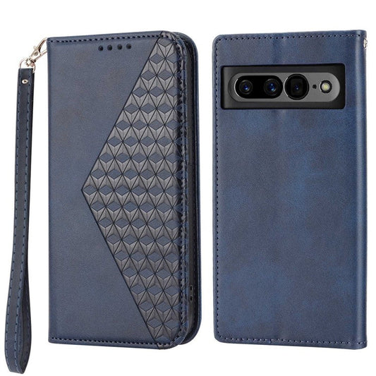 For Google Pixel 7 Pro 5G Rhombus Pattern Imprinted Stand Wallet Phone Case Calf Texture PU Leather + TPU Cover with Strap - Blue