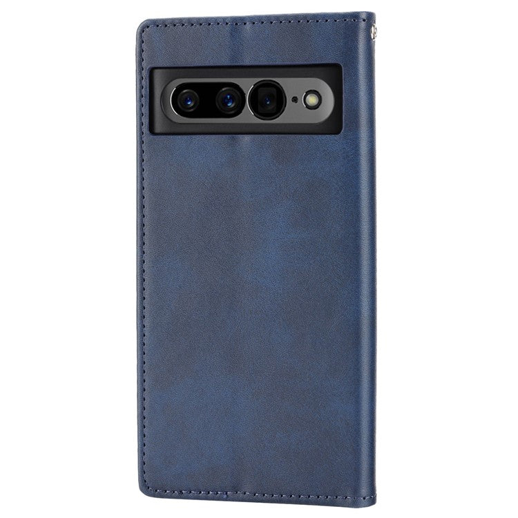 For Google Pixel 7 Pro 5G Rhombus Pattern Imprinted Stand Wallet Phone Case Calf Texture PU Leather + TPU Cover with Strap - Blue