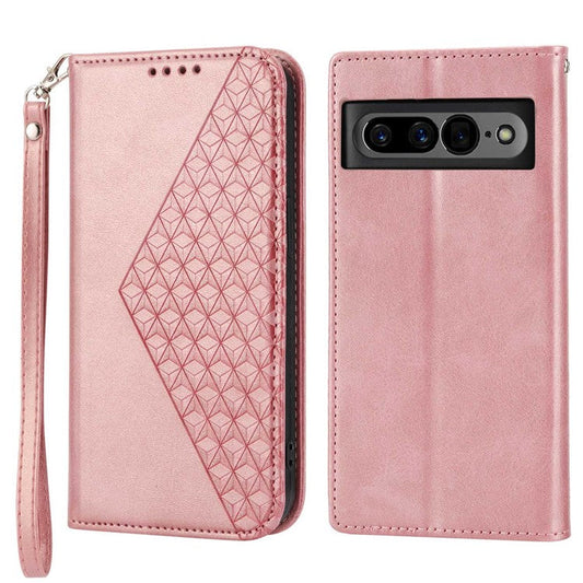 For Google Pixel 7 Pro 5G Rhombus Pattern Imprinted Stand Wallet Phone Case Calf Texture PU Leather + TPU Cover with Strap - Rose Gold