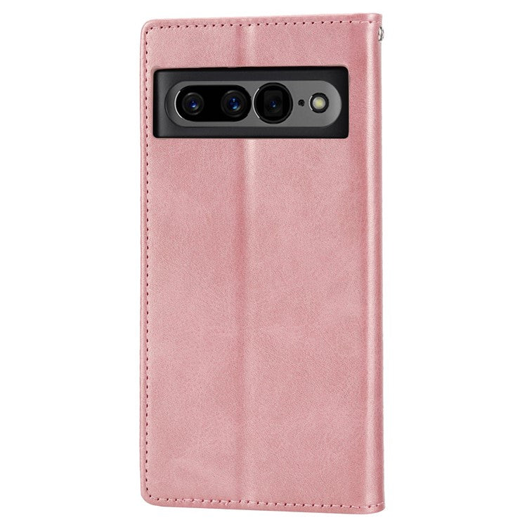 For Google Pixel 7 Pro 5G Rhombus Pattern Imprinted Stand Wallet Phone Case Calf Texture PU Leather + TPU Cover with Strap - Rose Gold