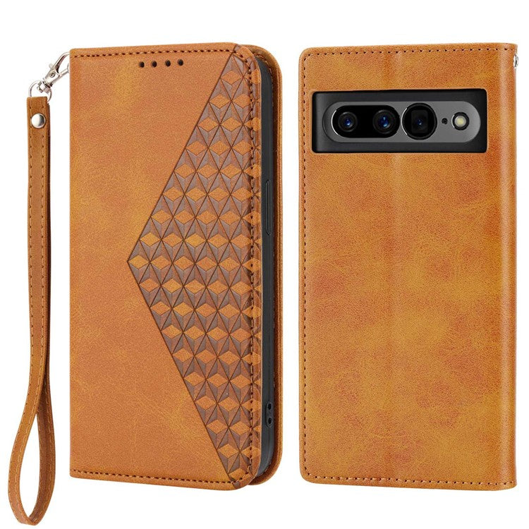 For Google Pixel 7 Pro 5G Rhombus Pattern Imprinted Stand Wallet Phone Case Calf Texture PU Leather + TPU Cover with Strap - Yellow
