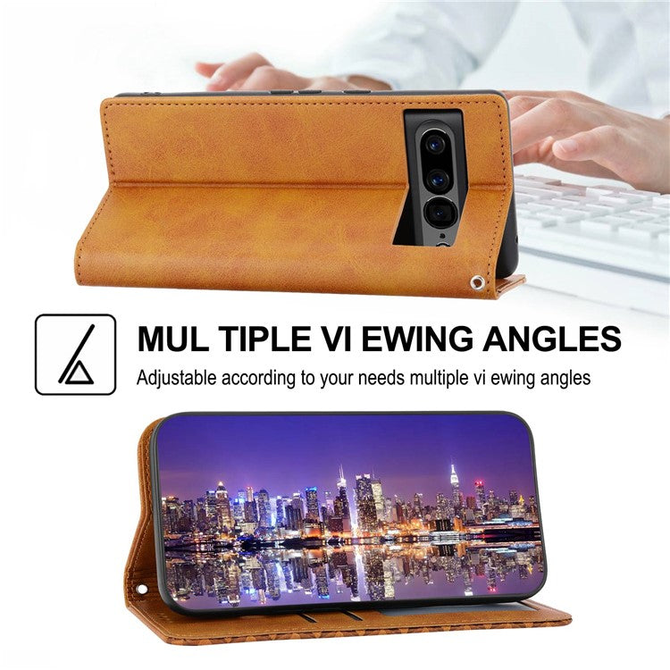 For Google Pixel 7 Pro 5G Rhombus Pattern Imprinted Stand Wallet Phone Case Calf Texture PU Leather + TPU Cover with Strap - Yellow