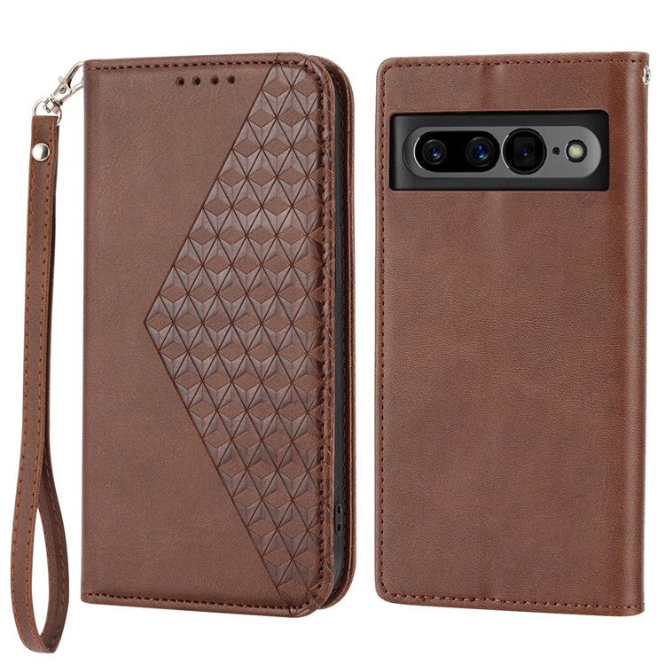 For Google Pixel 7 Pro 5G Rhombus Pattern Imprinted Stand Wallet Phone Case Calf Texture PU Leather + TPU Cover with Strap - Brown