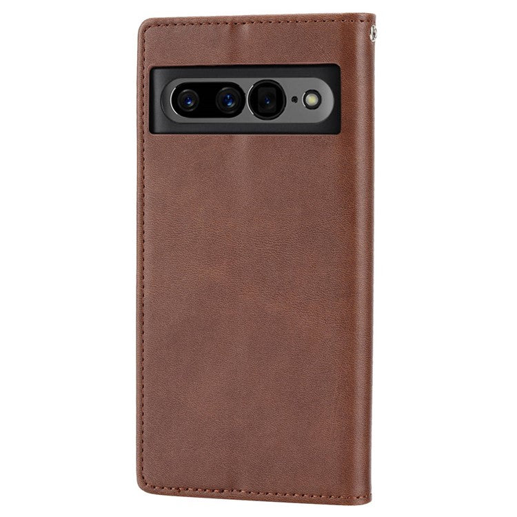 For Google Pixel 7 Pro 5G Rhombus Pattern Imprinted Stand Wallet Phone Case Calf Texture PU Leather + TPU Cover with Strap - Brown