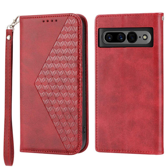 For Google Pixel 7 Pro 5G Rhombus Pattern Imprinted Stand Wallet Phone Case Calf Texture PU Leather + TPU Cover with Strap - Red