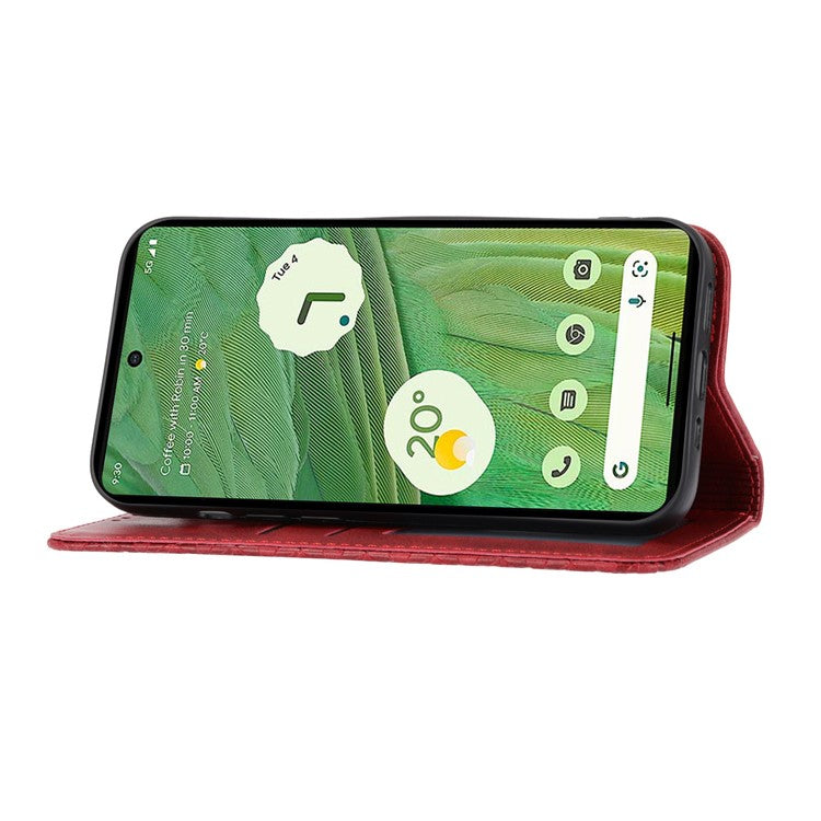 For Google Pixel 7 Pro 5G Rhombus Pattern Imprinted Stand Wallet Phone Case Calf Texture PU Leather + TPU Cover with Strap - Red