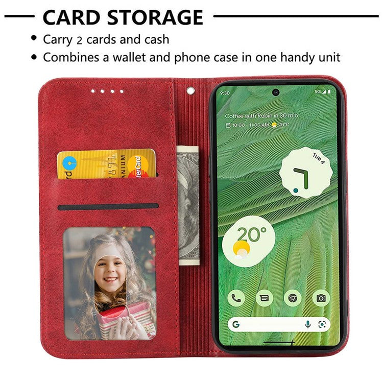For Google Pixel 7 Pro 5G Rhombus Pattern Imprinted Stand Wallet Phone Case Calf Texture PU Leather + TPU Cover with Strap - Red