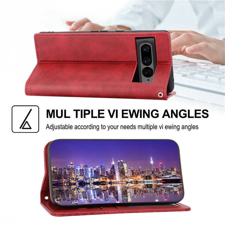 For Google Pixel 7 Pro 5G Rhombus Pattern Imprinted Stand Wallet Phone Case Calf Texture PU Leather + TPU Cover with Strap - Red
